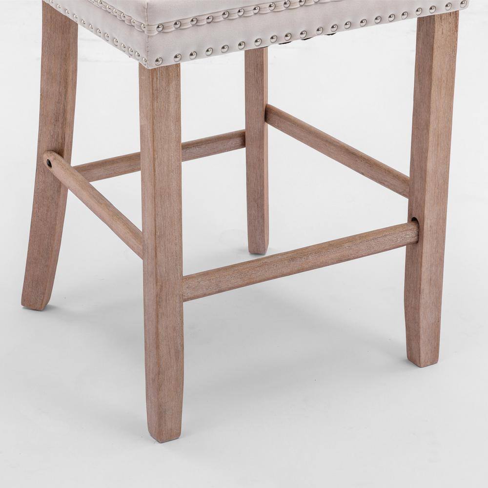 Beige Velvet Upholstered Bar Stools with Natural Wood Legs, Set of 2