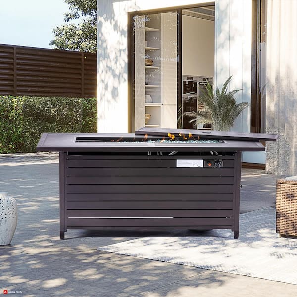 Hooure Bronze 57 in. Outdoor Retangular Propane Fire Pit Table 50000BTU with Lid and Wind Guard
