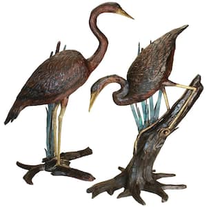 Standing and Fishing Herons in Reeds Bronze Statue Set (2-Piece)