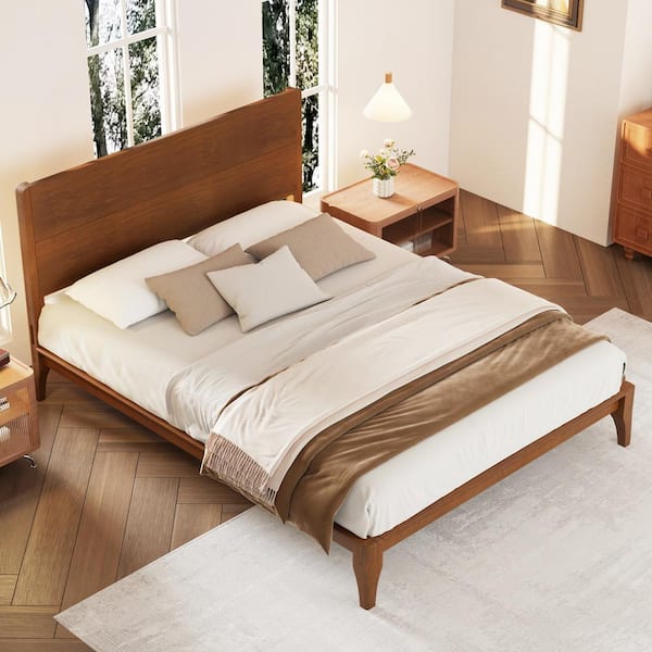 Harper & Bright Designs Brown 100% Bamboo Wood Frame King Size Platform Bed with Wood Slat Support, Easy Tool-Free Assembly