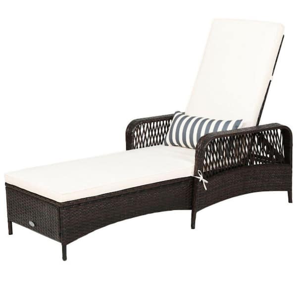 Alpulon Brown Leisure Wicker Armrest Outdoor Chaise Lounge Chair with Adjustable Pillow and Beige Cushion