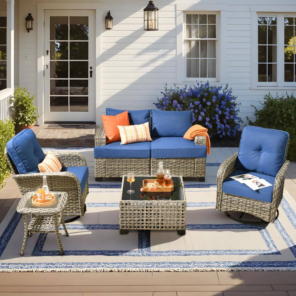 Aimee 6-Piece Wicker Patio Conversation Seating Sofa Set with Navy Blue Cushions and Swivel Rocking Chairs price history on PriceWatchPro