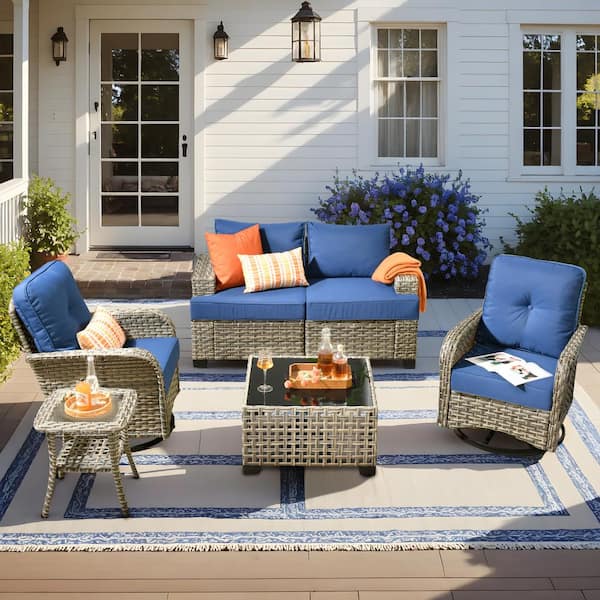 XIZZI Aimee 6-Piece Wicker Patio Conversation Seating Sofa Set with Navy Blue Cushions and Swivel Rocking Chairs