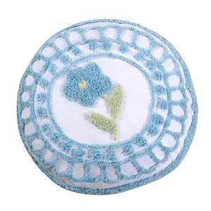 Bloomfield Collection Blue 100% Cotton Tufted Unique Luxurious Floral Design Round Pillow