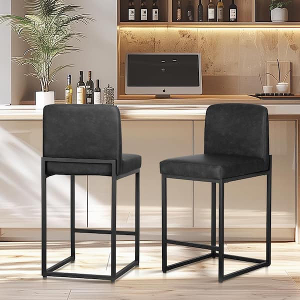 PHI VILLA 24 in. Counter Height Black PU Leather Square Bar Stool with ...