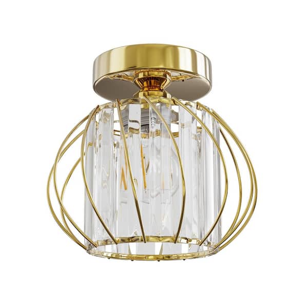 7.1 In. 1-Light Gold Semi-Flush Mount Ceiling Light with Crystal Shade Fixture with E26 Bas for Hallway or Bedroom