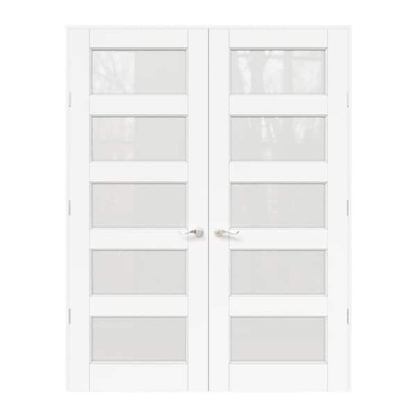 ARK DESIGN 56 in. x 80 in. Universal 5-Lite Frosted Glass White Solid Core MDF Double French Door with Quick Assemble Jamb