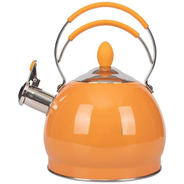 2.6 qt. 12-Cup Stainless Steel Whistling Induction Stovetop Tea Kettle with Pour Spout in Orange