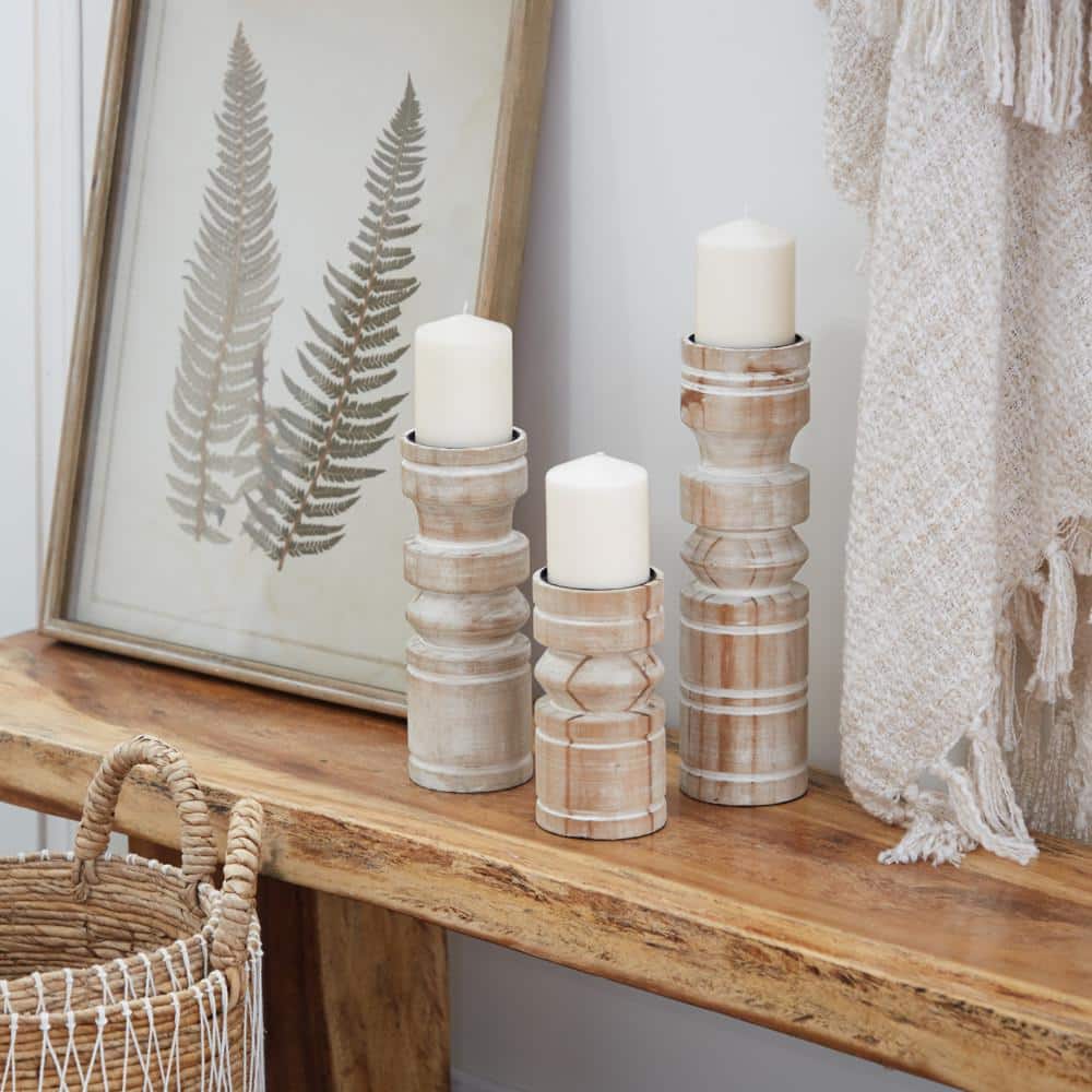 Brown Wood Pillar Candle Holder Set with White Wash Finish