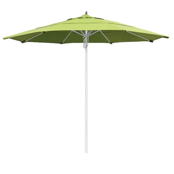 California Umbrella 11 ft. Silver Aluminum Commercial Fiberglass Ribs Market Patio Umbrella and Pulley Lift in Parrot Sunbrella