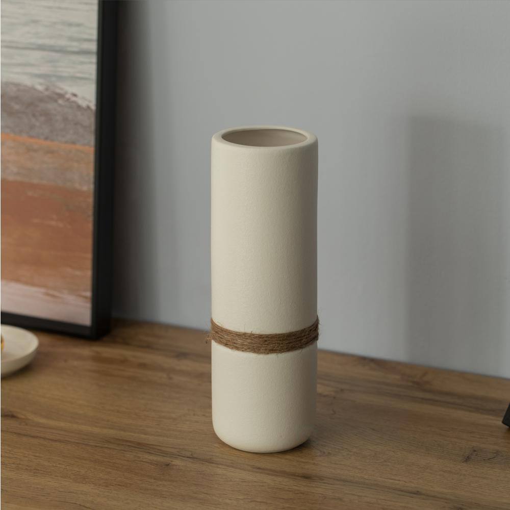 Tiny White Ceramic Cylinder Table Vase Set with Twisted Cord Trim