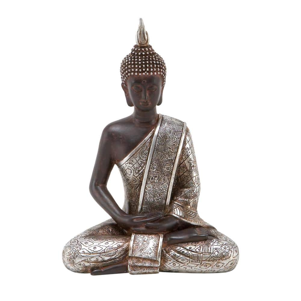 Black and Silver Polystone Meditating Buddha Statue with Engraved Patterns