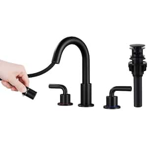 8 in. Widespread Double Handle Bathroom Faucet with Pull Out Sprayer, Bathroom Sink Faucet Pop-Up Drain, in Matte Black