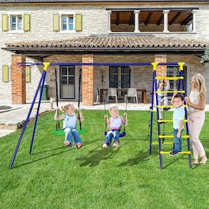 5-in-1 Metal Outdoor Kids Patio Swing Set with Heavy-Duty Swing Frame and Ground Stakes Backyard