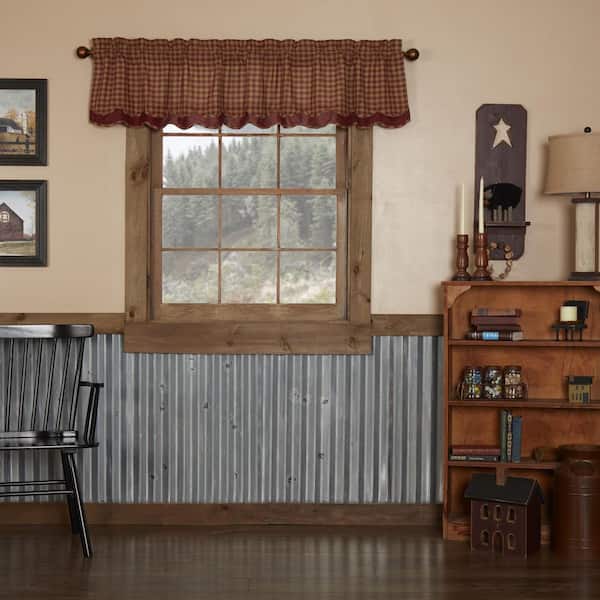 VHC BRANDS Layered Scalloped Check 72 in. L x 16 in. W Cotton Valance in Burgundy Khaki