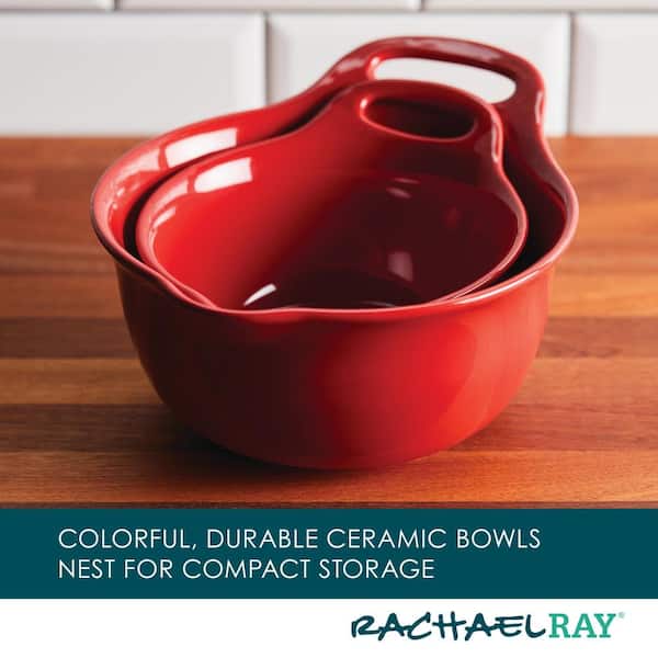 Pier 1 Set of 3 Ceramic Red White Nesting Mixing Bowls Kitchen 6 5 4  diameter