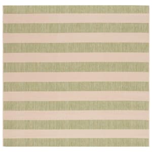 Courtyard Beige/Sage Green 7 ft. x 7 ft. Awning Stripe Indoor/Outdoor Square Area Rug