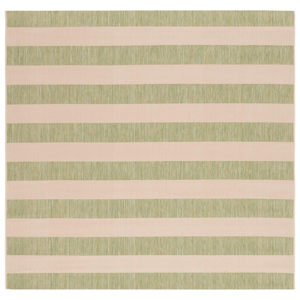 SAFAVIEH Courtyard Beige/Sage Green 7 ft. x 7 ft. Awning Stripe Indoor/Outdoor Square Area Rug