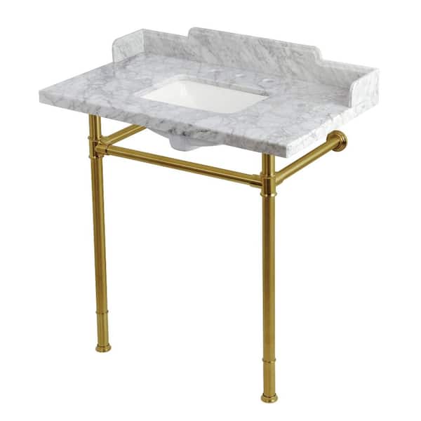 Wesselman 36 in. x 22 in. Console Sink Combo in Carrara Marble White/Brushed Brass with Legs