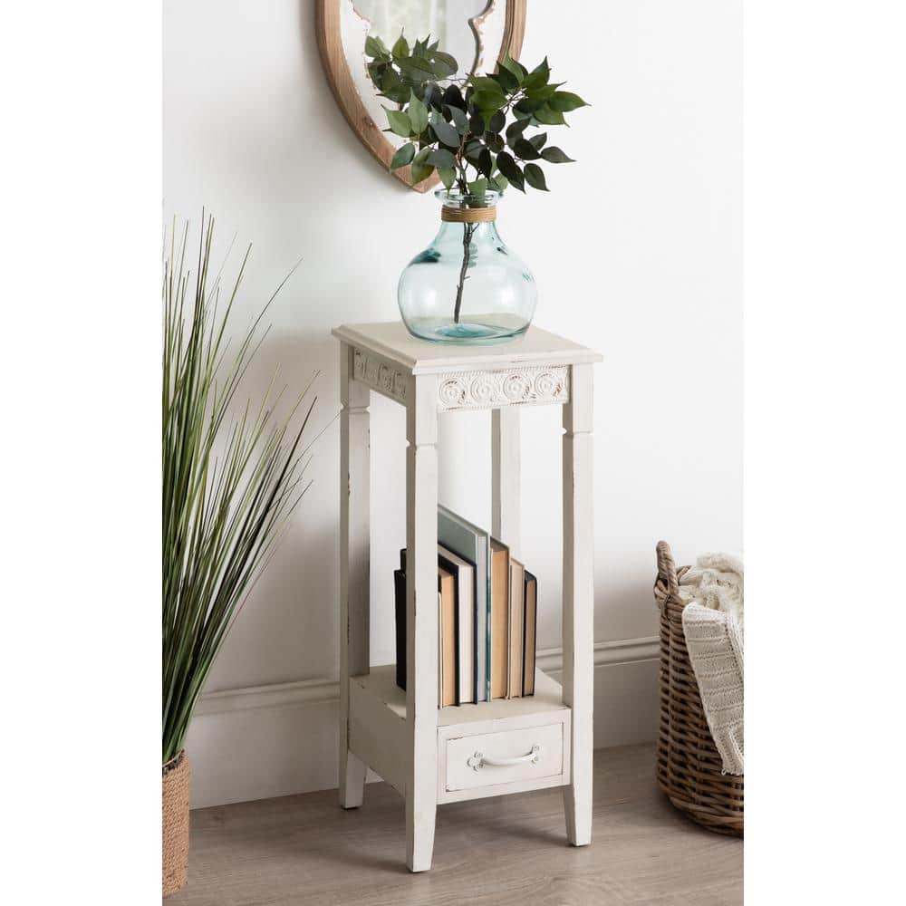 Soft White Farmhouse Wood Accent Table with Metal Skirt