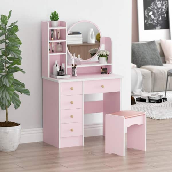 Drawers Pink Wood Makeup Vanity Table, Pink Mirror Dresser Set
