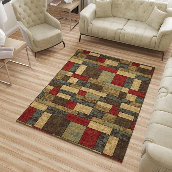 Ottohome Collection Contemporary Boxes Design 5 ft. x 7 ft. Non-Slip Area Rug, Multicolor