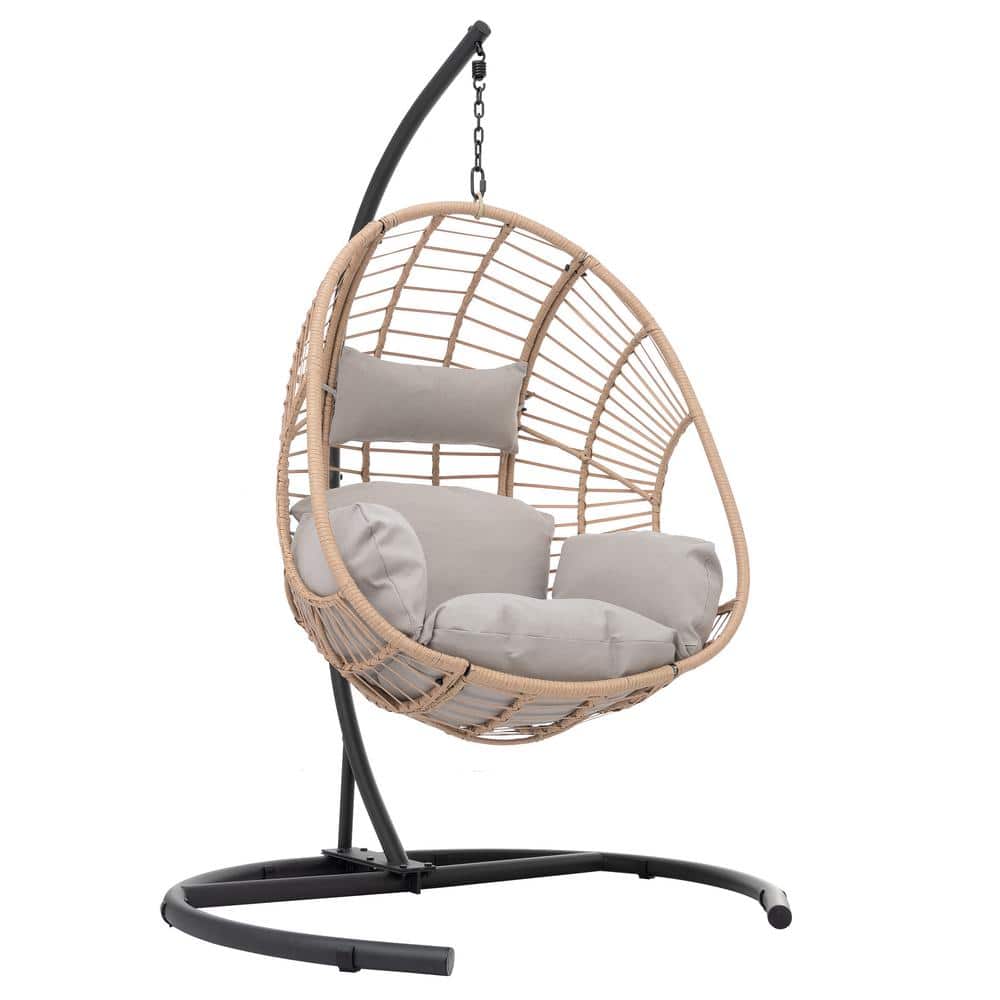 41.80 in. W 1-Person Seat Natural Color Wicker Patio Swing with Beige Cushi
