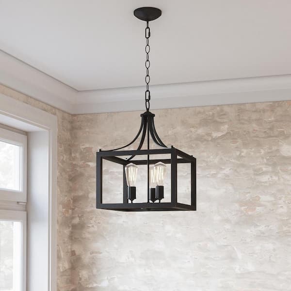 Home Decorators Collection Boswell Quarter 14 in. 3-Light Distressed Black Farmhouse Square Pendant Light