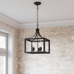 Boswell Quarter 14 in. 3-Light Distressed Black Farmhouse Square Pendant Chandelier for Kitchens