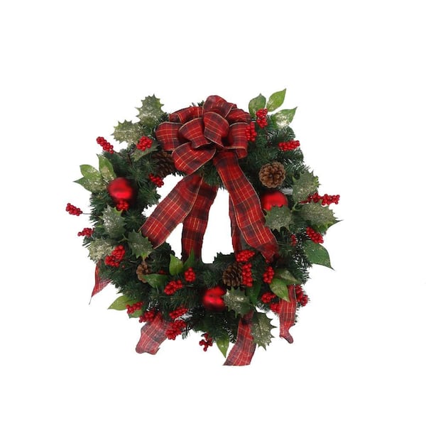 Home Accents Holiday 24 in. Unlit Holly Traditions Artificial Wreath