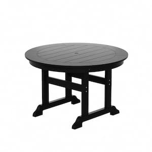 Hayes 47 in. All Weather HDPE Plastic Round Outdoor Dining Trestle Table with Umbrella Hole in Black