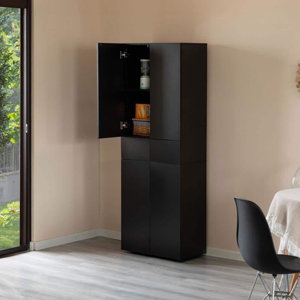 Black Wood 66" Kitchen Pantry Cabinet with Adjustable Shelves and Drawer