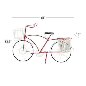 33 in. Red Metal Bike Indoor Outdoor Plantstand with Basket and Saddle Bag Planters