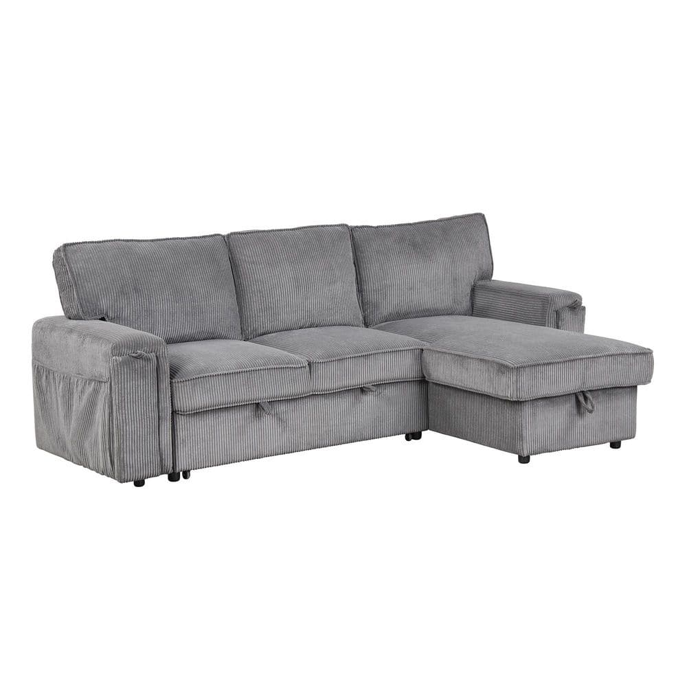 Gray 96.1 in. Corduroy Full Size Sleeper Sectional Sofa Bed with Storage Ba
