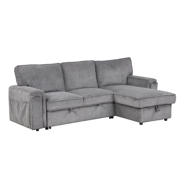 Gray 96.1 in. Corduroy Full Size Sleeper Sectional Sofa Bed with Storage Bags and 2 Cup Holders