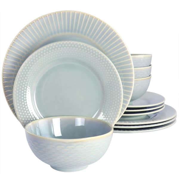 GIBSON elite Luminists 12 Piece Fine Ceramic Dinnerware Set in Light Blue Service of 4