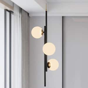 Fullur 17-Watt Integrated LED Black Linear Chandelier, 3-Lights Modern Hanging Pendant with Globe Frosted Glass Shades