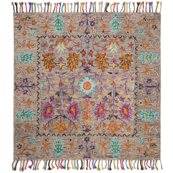 Blossom Gray/Multi 10 ft. x 10 ft. Border Square Area Rug