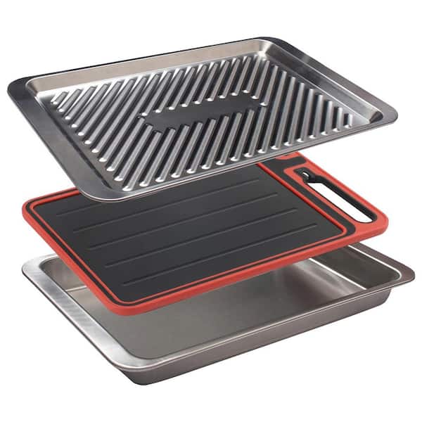 3-Piece Stainless Steel BBQ Prep and Serve Set with Deep Marinade Tray, Serving Tray, Aluminum Defrost Board