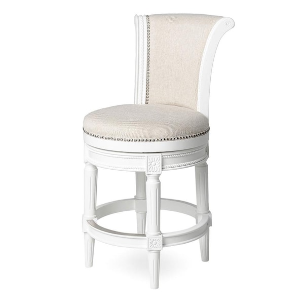 MAVEN LANE Pullman 26 in. Alabaster White High Back Wooden Counter Stool with Premium Cream Fabric Upholstered Seat