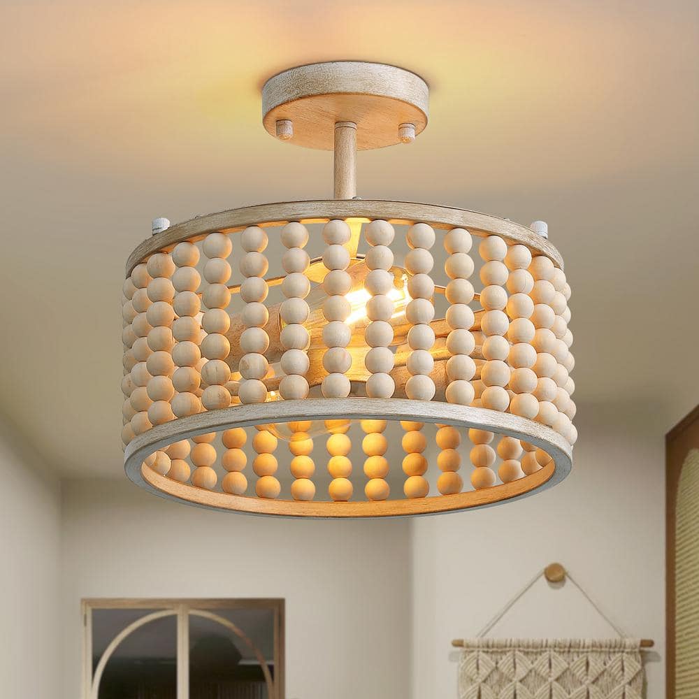 Boho Farmhouse 12.6 in. 2-Light Oak White Wood Beaded Chandelier Semi Flush Mount Ceiling Light price history on PriceWatchPro