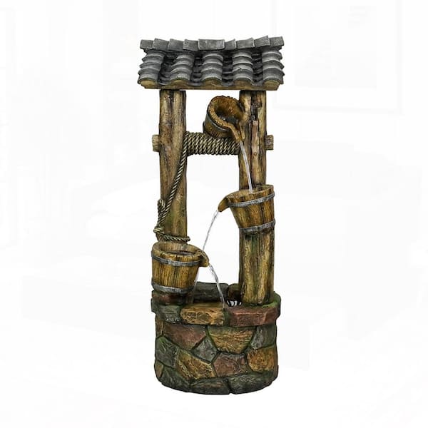 Rustic 39. 3in. H Resin Wishing Well Tiered Fountain with Buckets, Pump, and LED Lights for Backyard and Patio Decor