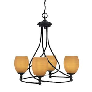 Royale 4-Light Matte Black Chandelier, Round Chandelier with 5 in. Cayenne Linen Glass Shades, No bulbs included