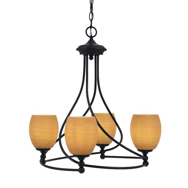 Unbranded Royale 4-Light Matte Black Chandelier, Round Chandelier with 5 in. Cayenne Linen Glass Shades, No bulbs included