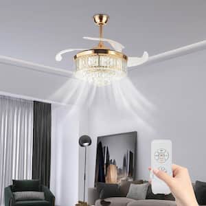 36 in. Gold Modern Indoor Crystal Decor Shade Retractable Blades Integrated LED Ceiling Fan with Remote Control