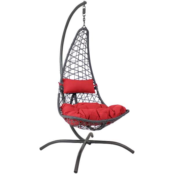 Sunnydaze Decor Red Phoebe Hanging Lounge Egg Chair with Seat Cushions and Steel Stand