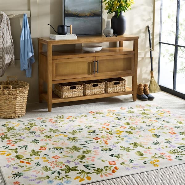 Martha Stewart Washable Beige/Red 6 ft. x 6 ft. Machine Washable Floral Abstract Square Area Rug