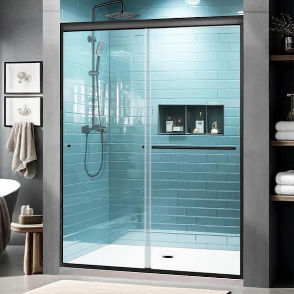 Lonni 56 in. 60 in. W x 72 in. H Sliding Semi Frameless Traditional Shower Door Matte Black Finish 1/4 in. (6 mm) Clear Glass
