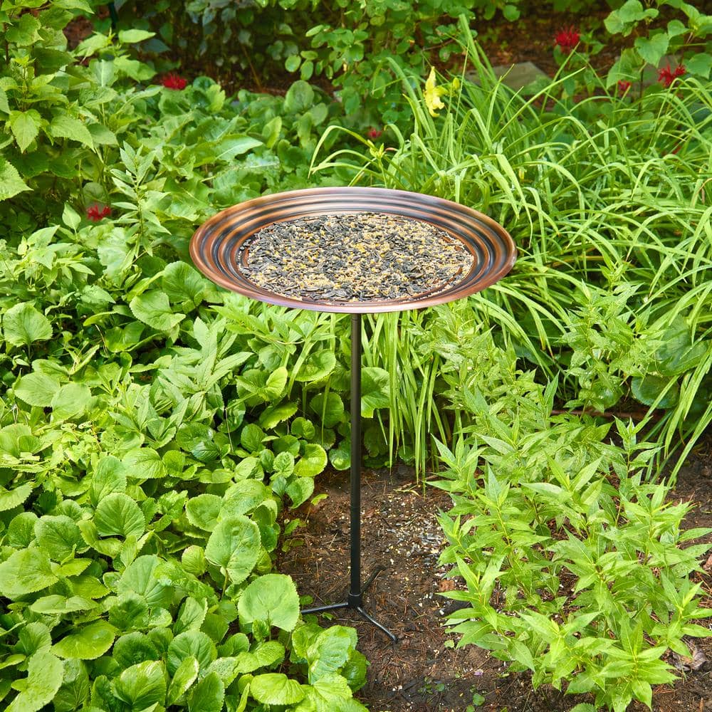 Large Bronze Copper Bird Bath with Metal Stake