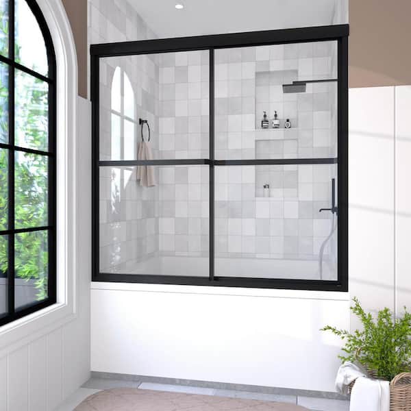 59 in. W x 56 in. H Sliding Tub Door in Matte Black with Clear Glass Elunir Framed Finish